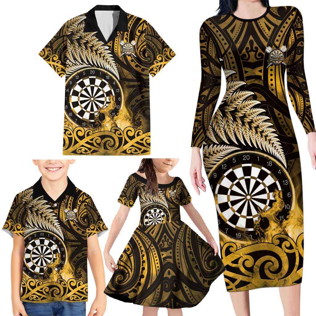 Personalised New Zealand Darts Family Matching Long Sleeve Bodycon Dress and Hawaiian Shirt Maori Koru Dartboard Gold Flame