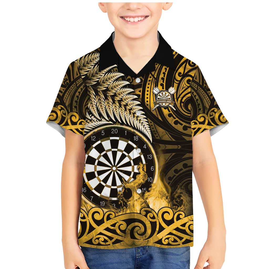 Personalised New Zealand Darts Family Matching Mermaid Dress and Hawaiian Shirt Maori Koru Dartboard Gold Flame