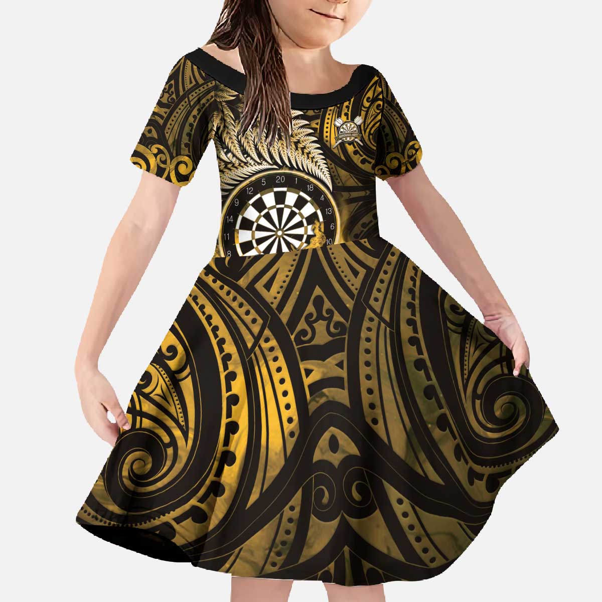 Personalised New Zealand Darts Family Matching Off The Shoulder Long Sleeve Dress and Hawaiian Shirt Maori Koru Dartboard Gold Flame
