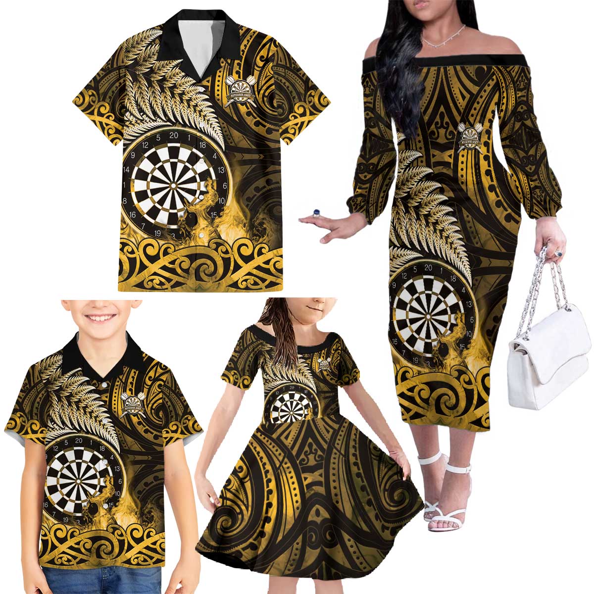 Personalised New Zealand Darts Family Matching Off The Shoulder Long Sleeve Dress and Hawaiian Shirt Maori Koru Dartboard Gold Flame