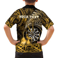 Personalised New Zealand Darts Family Matching Off Shoulder Maxi Dress and Hawaiian Shirt Maori Koru Dartboard Gold Flame