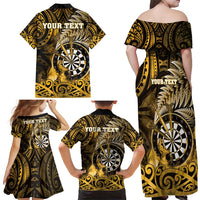 Personalised New Zealand Darts Family Matching Off Shoulder Maxi Dress and Hawaiian Shirt Maori Koru Dartboard Gold Flame