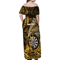 Personalised New Zealand Darts Family Matching Off Shoulder Maxi Dress and Hawaiian Shirt Maori Koru Dartboard Gold Flame