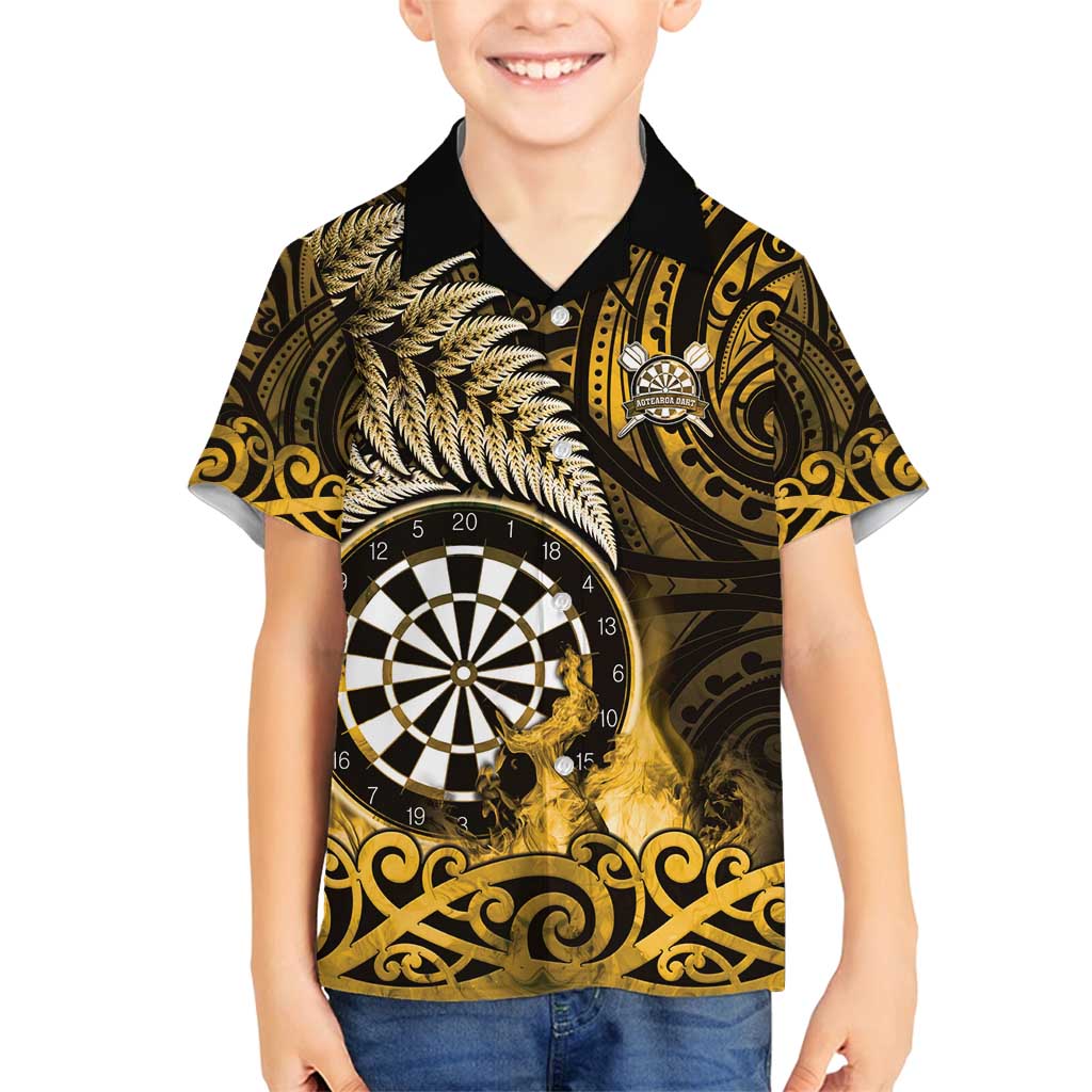 Personalised New Zealand Darts Family Matching Off Shoulder Maxi Dress and Hawaiian Shirt Maori Koru Dartboard Gold Flame