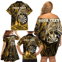 Personalised New Zealand Darts Family Matching Off Shoulder Short Dress and Hawaiian Shirt Maori Koru Dartboard Gold Flame