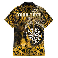 Personalised New Zealand Darts Family Matching Short Sleeve Bodycon Dress and Hawaiian Shirt Maori Koru Dartboard Gold Flame