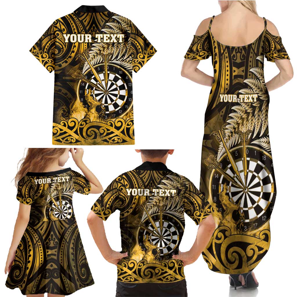 Personalised New Zealand Darts Family Matching Summer Maxi Dress and Hawaiian Shirt Maori Koru Dartboard Gold Flame