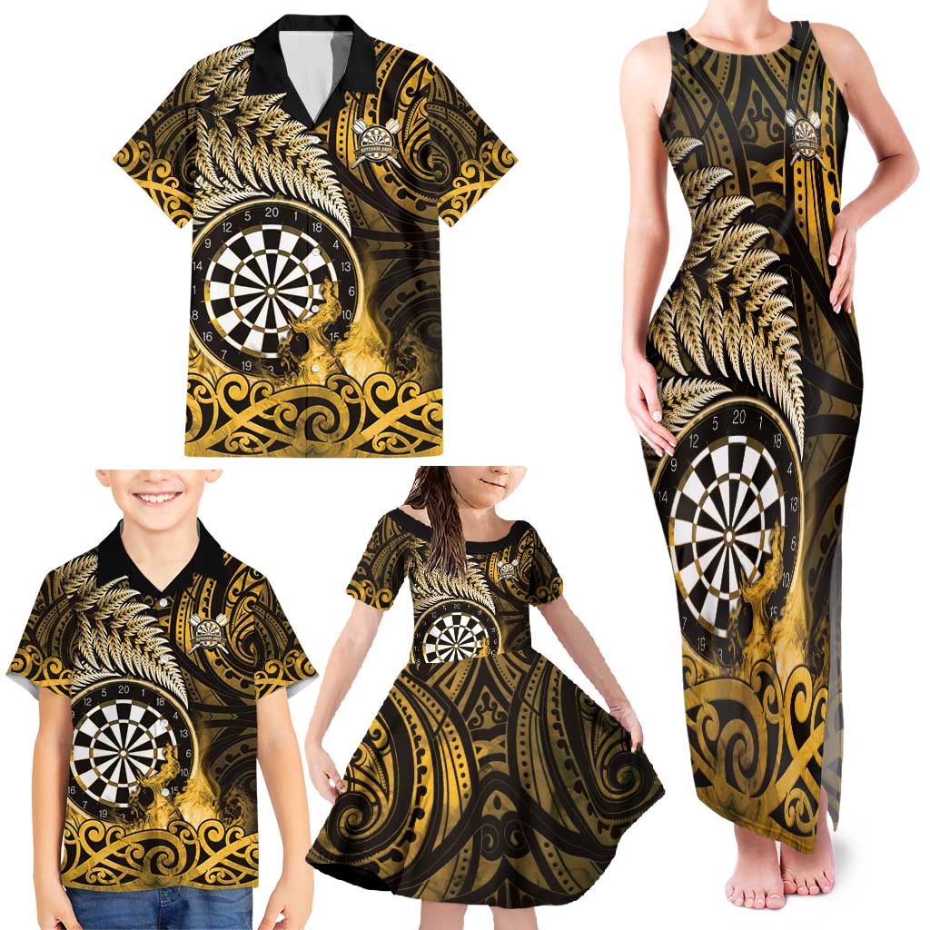 Personalised New Zealand Darts Family Matching Tank Maxi Dress and Hawaiian Shirt Maori Koru Dartboard Gold Flame