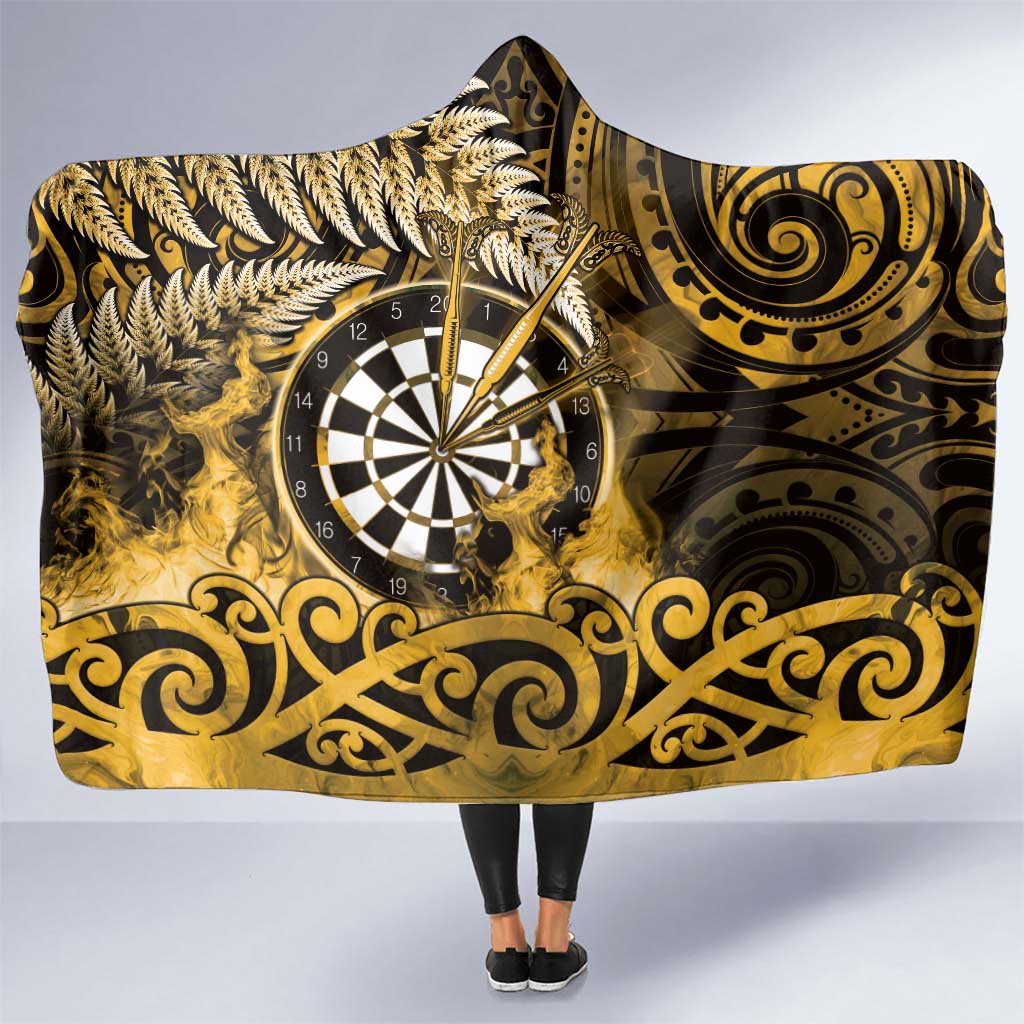 New Zealand Darts Hooded Blanket Maori Koru Dartboard Gold Flame