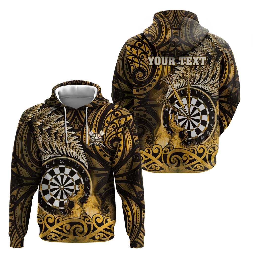 Personalised New Zealand Darts Hoodie Maori Koru Dartboard Gold Flame