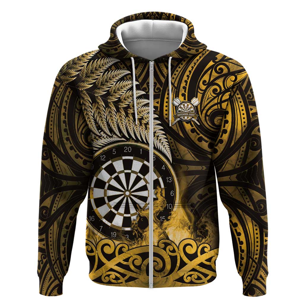 Personalised New Zealand Darts Hoodie Maori Koru Dartboard Gold Flame