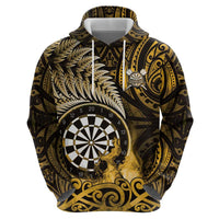 Personalised New Zealand Darts Hoodie Maori Koru Dartboard Gold Flame