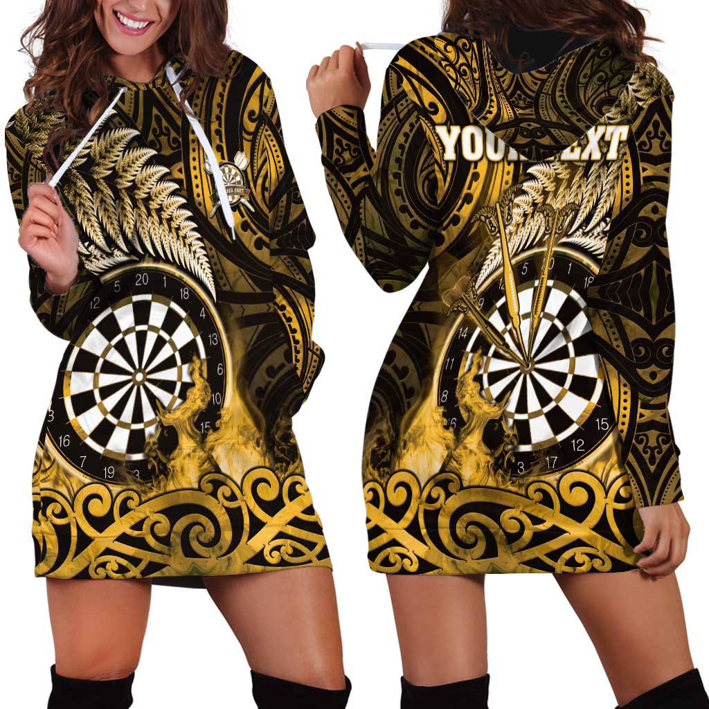 Personalised New Zealand Darts Hoodie Dress Maori Koru Dartboard Gold Flame
