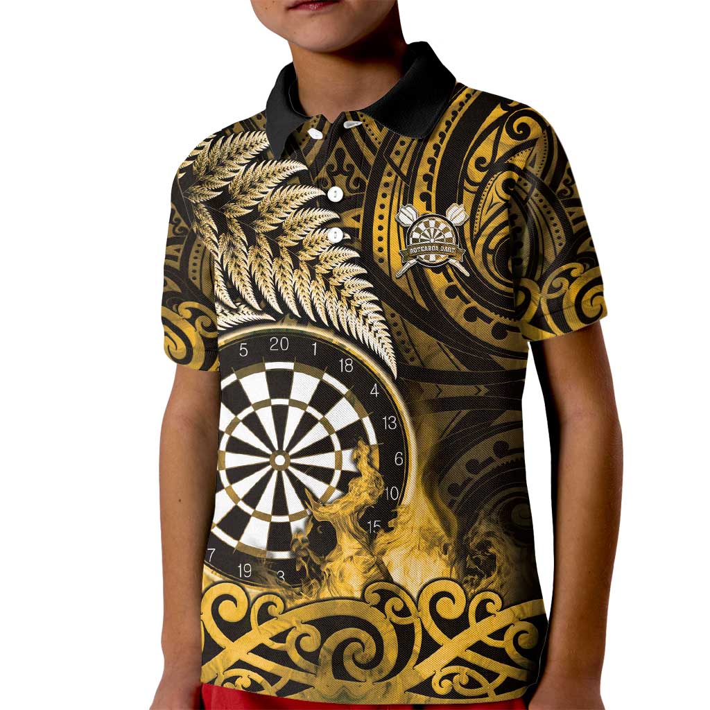 Personalised New Zealand Darts Kid Polo Shirt Maori Koru Dartboard Gold Flame