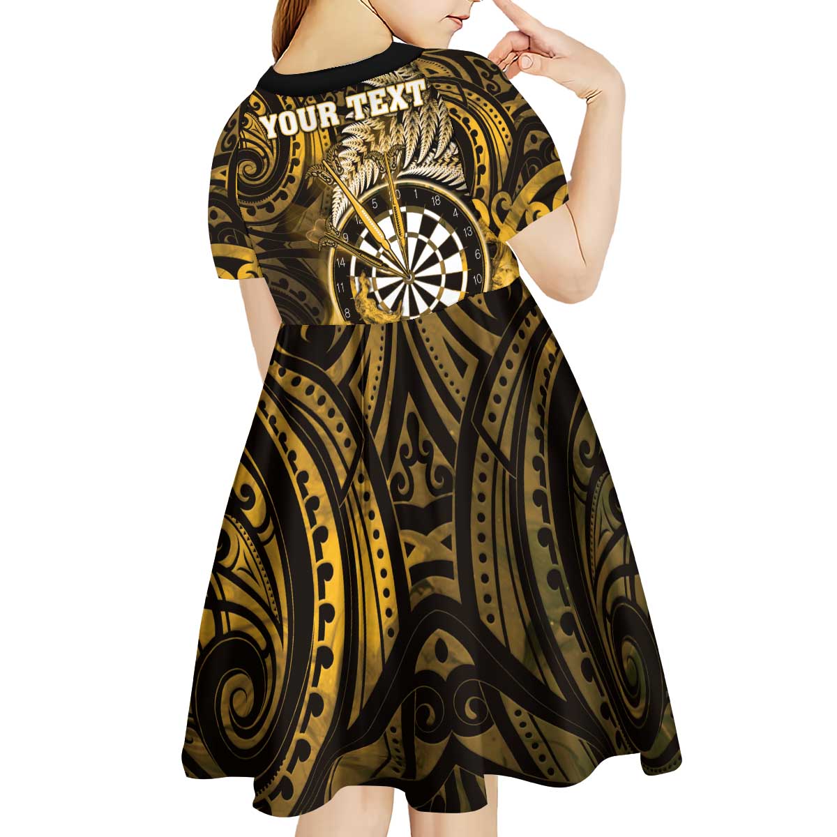 Personalised New Zealand Darts Kid Short Sleeve Dress Maori Koru Dartboard Gold Flame