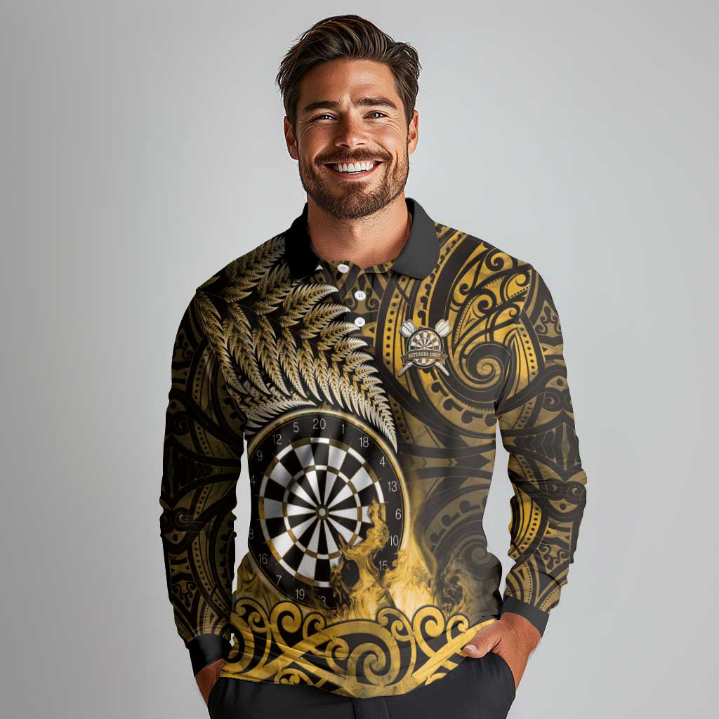 Personalised New Zealand Darts Long Sleeve Polo Shirt Maori Koru Dartboard Gold Flame