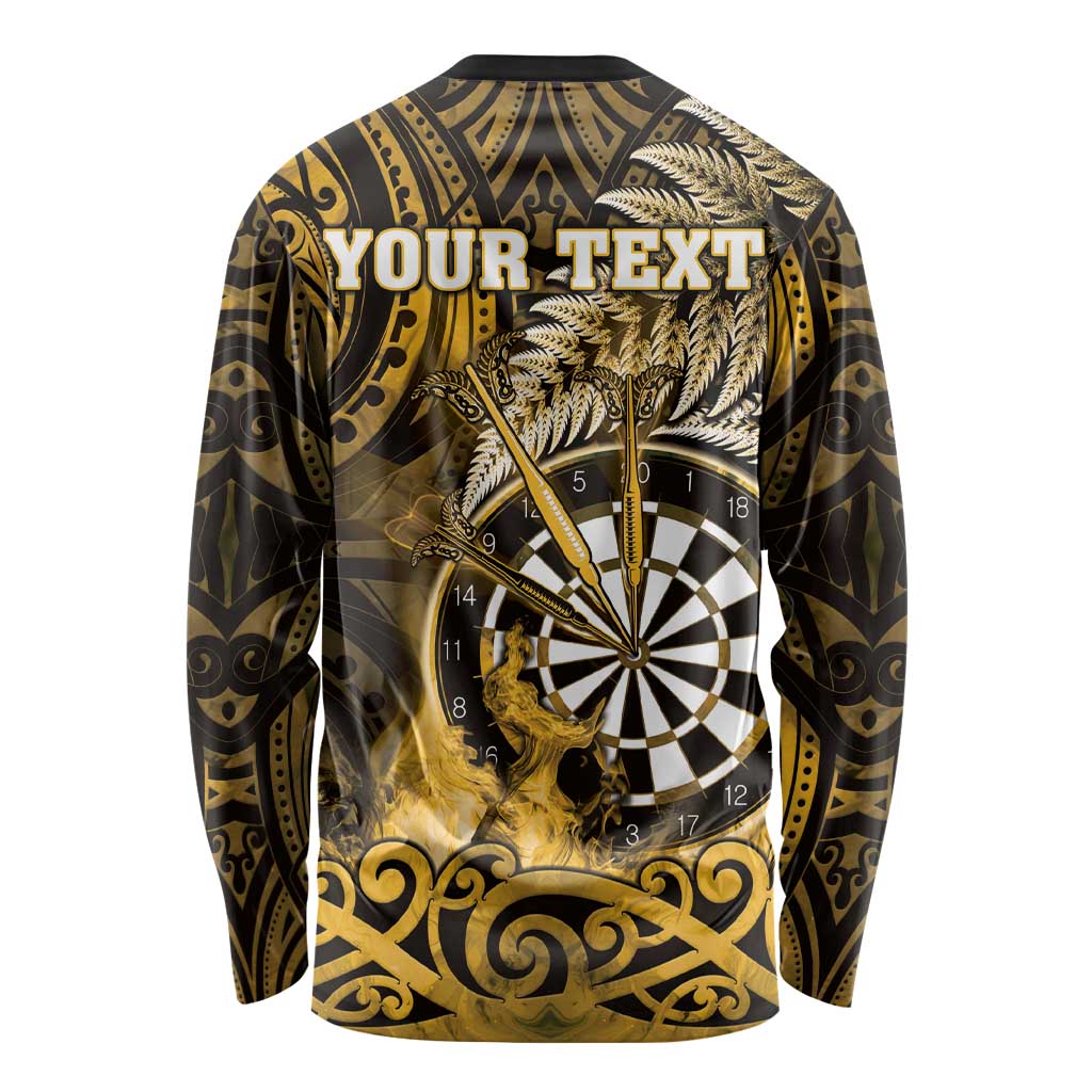 Personalised New Zealand Darts Long Sleeve Shirt Maori Koru Dartboard Gold Flame