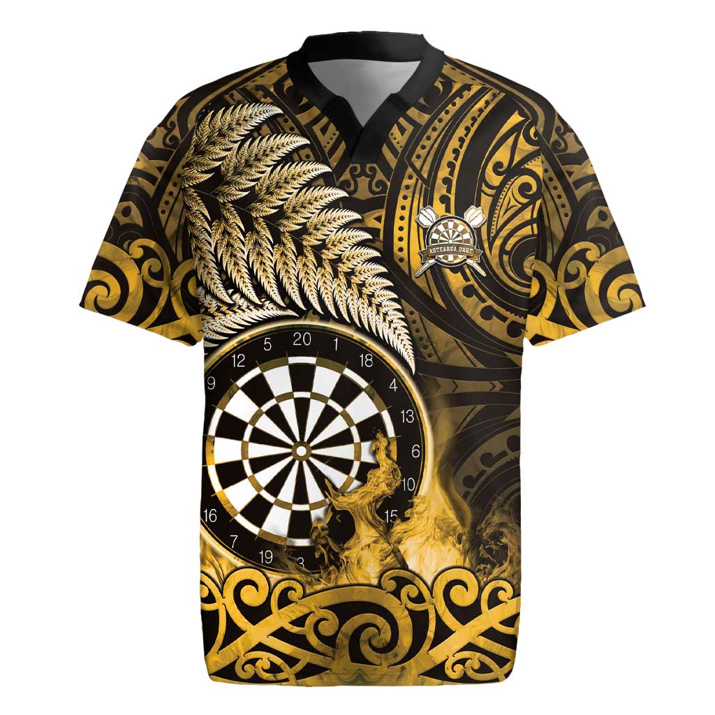 Personalised New Zealand Darts Rugby Jersey Maori Koru Dartboard Gold Flame