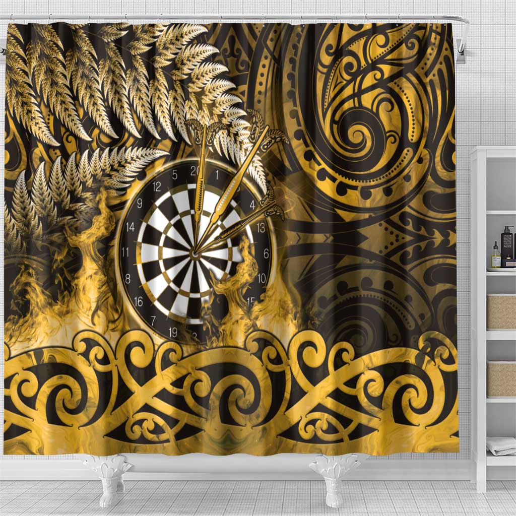 New Zealand Darts Shower Curtain Maori Koru Dartboard Gold Flame