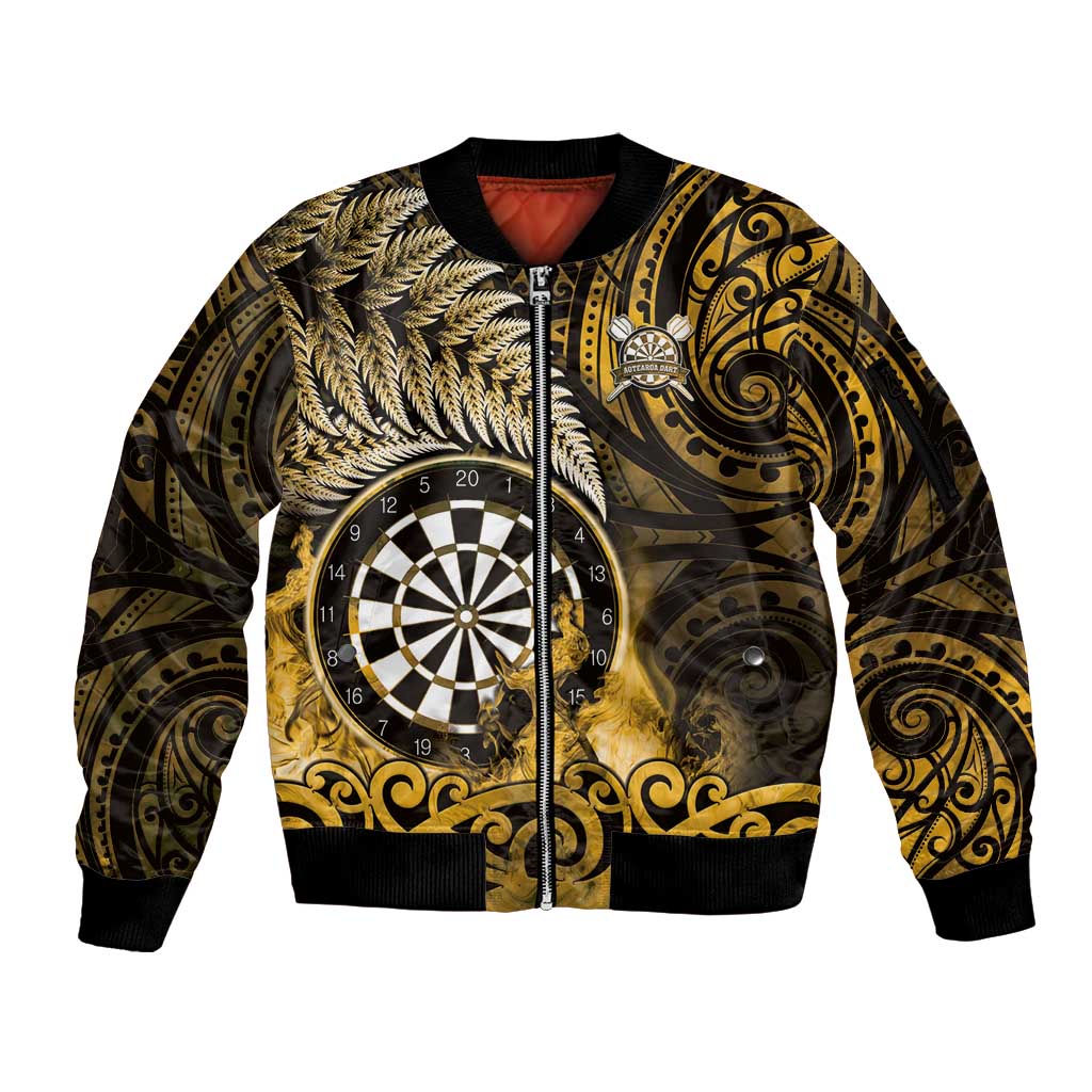 Personalised New Zealand Darts Sleeve Zip Bomber Jacket Maori Koru Dartboard Gold Flame