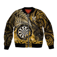 Personalised New Zealand Darts Sleeve Zip Bomber Jacket Maori Koru Dartboard Gold Flame