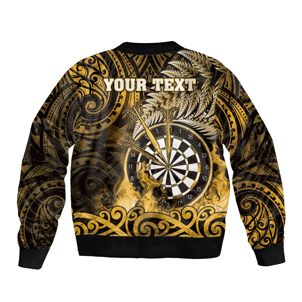 Personalised New Zealand Darts Sleeve Zip Bomber Jacket Maori Koru Dartboard Gold Flame