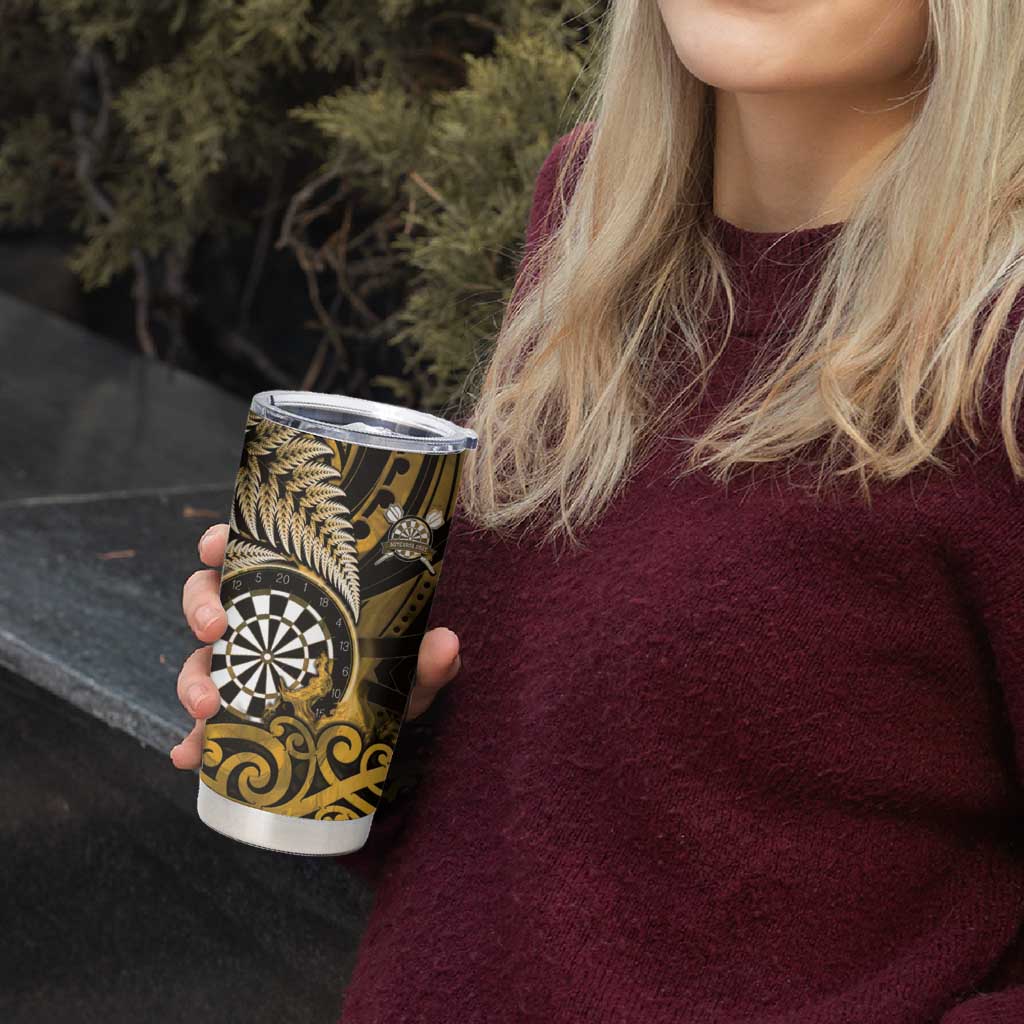 Personalised New Zealand Darts Tumbler Cup Maori Koru Dartboard Gold Flame