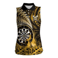 Personalised New Zealand Darts Women Sleeveless Polo Shirt Maori Koru Dartboard Gold Flame