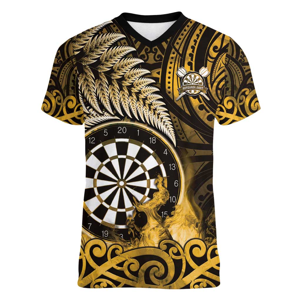 Personalised New Zealand Darts Women V-Neck T-Shirt Maori Koru Dartboard Gold Flame