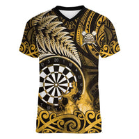 Personalised New Zealand Darts Women V-Neck T-Shirt Maori Koru Dartboard Gold Flame