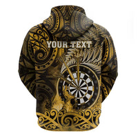 Personalised New Zealand Darts Zip Hoodie Maori Koru Dartboard Gold Flame