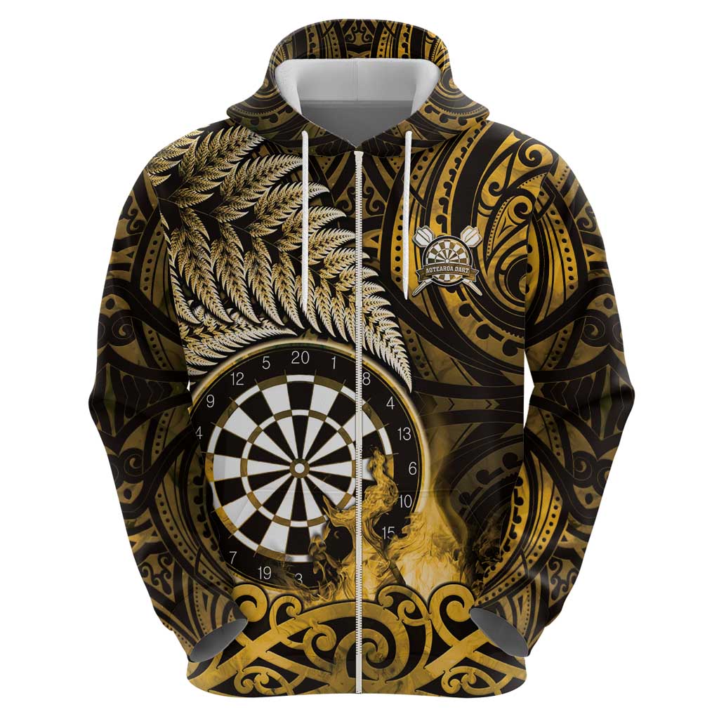 Personalised New Zealand Darts Zip Hoodie Maori Koru Dartboard Gold Flame