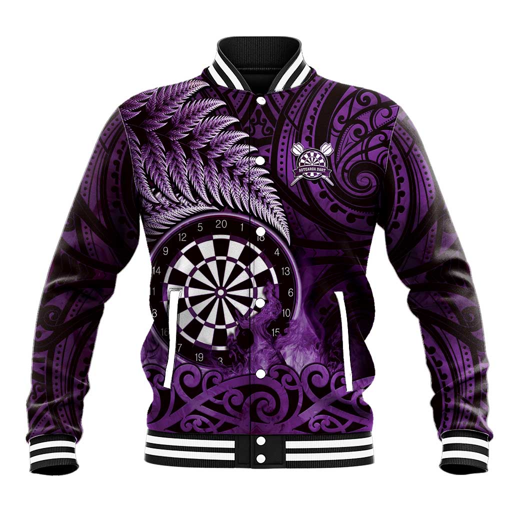 Personalised New Zealand Darts Baseball Jacket Maori Koru Dartboard Purple Flame