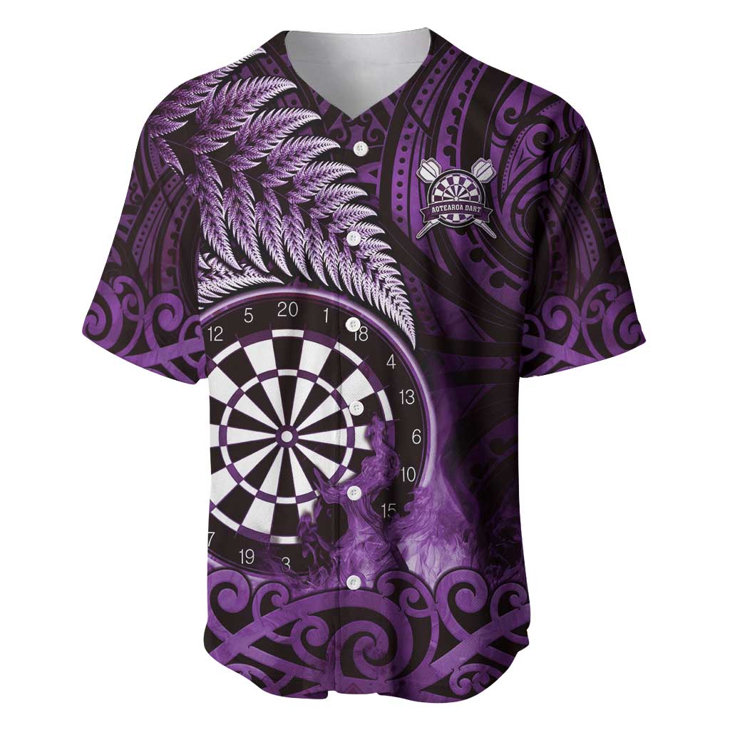 Personalised New Zealand Darts Baseball Jersey Maori Koru Dartboard Purple Flame