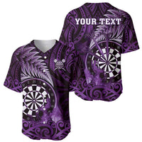 Personalised New Zealand Darts Baseball Jersey Maori Koru Dartboard Purple Flame