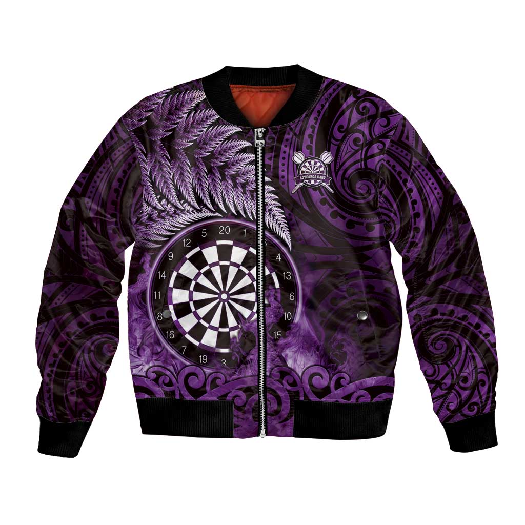 Personalised New Zealand Darts Bomber Jacket Maori Koru Dartboard Purple Flame