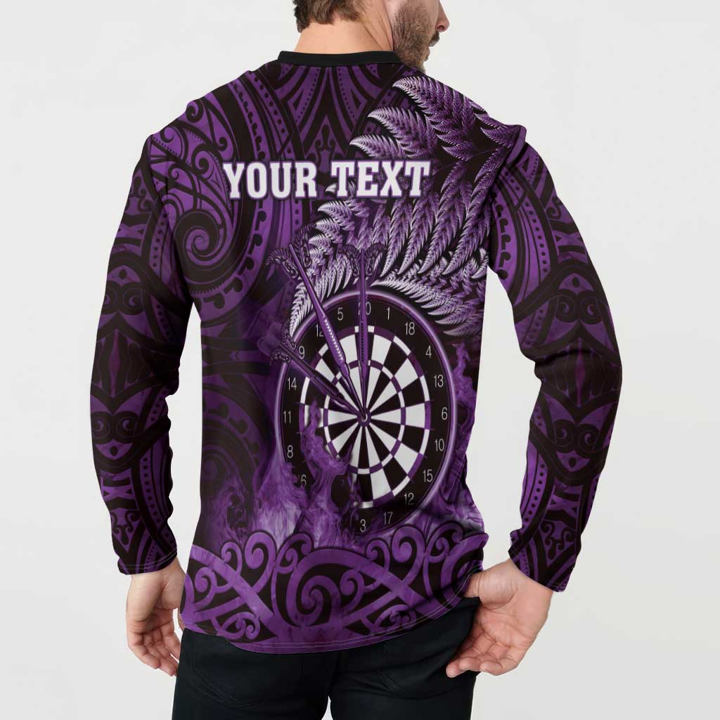 Personalised New Zealand Darts Button Sweatshirt Maori Koru Dartboard Purple Flame