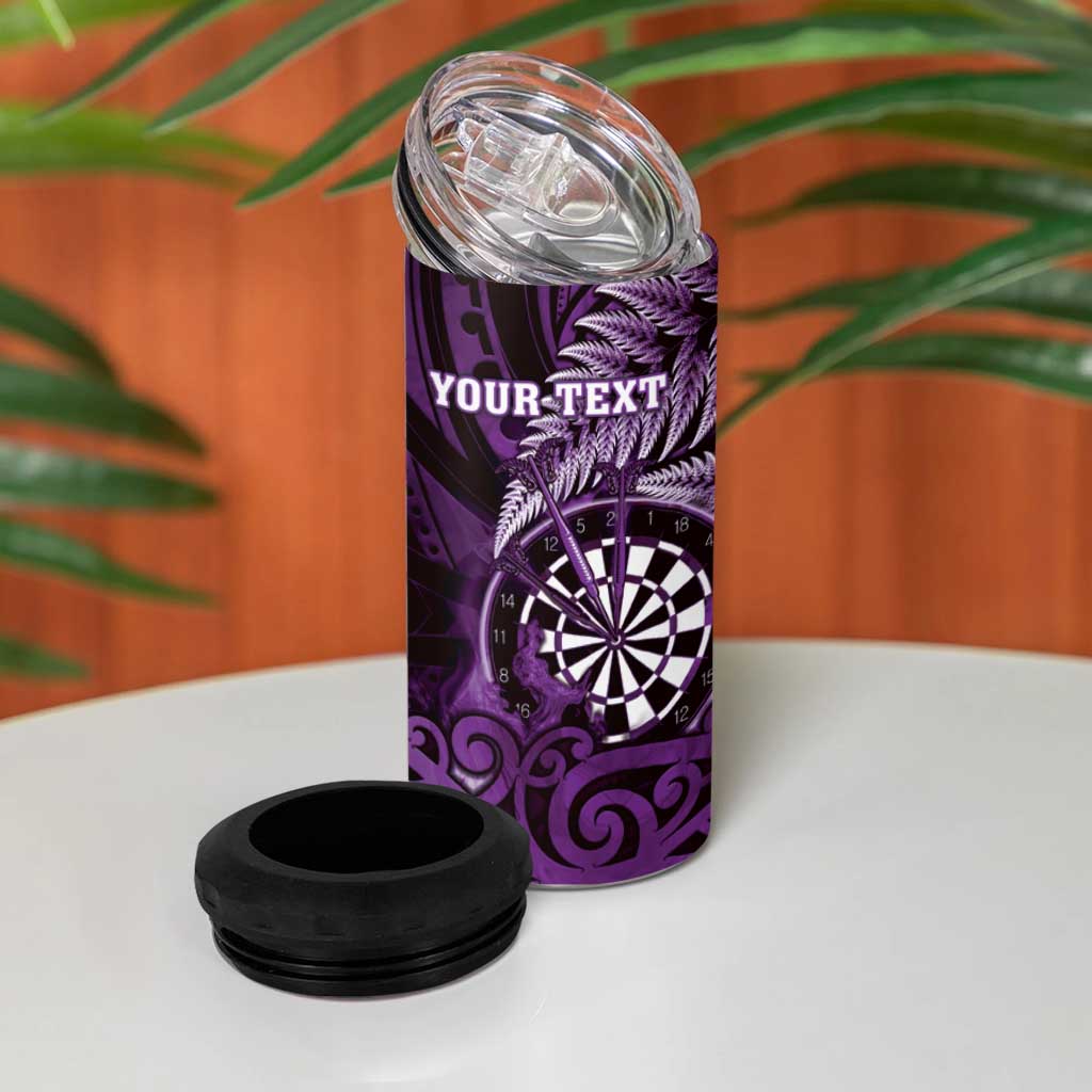 Personalised New Zealand Darts 4 in 1 Can Cooler Tumbler Maori Koru Dartboard Purple Flame