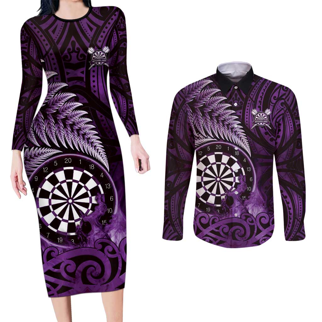 Personalised New Zealand Darts Couples Matching Long Sleeve Bodycon Dress and Long Sleeve Button Shirt Maori Koru Dartboard Purple Flame