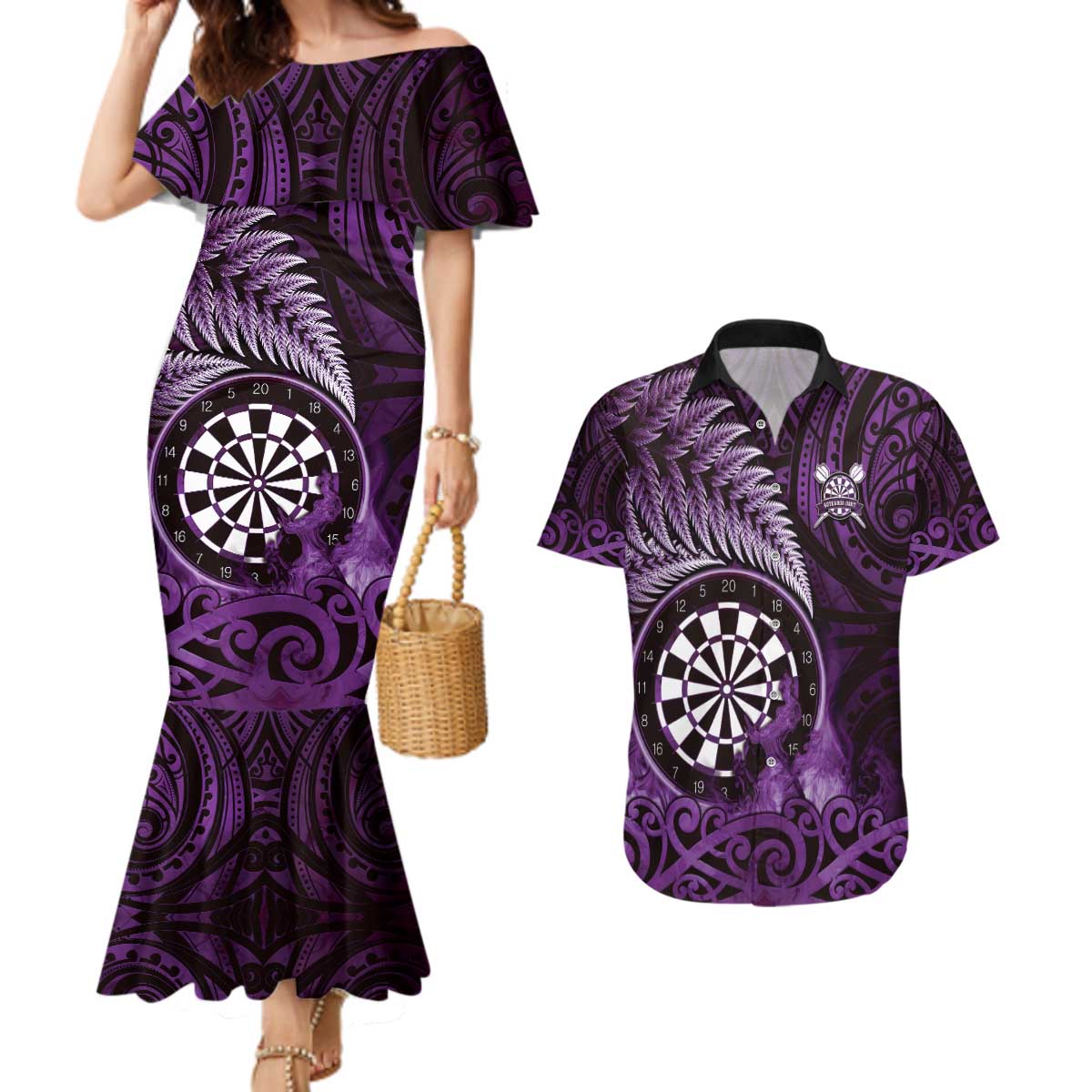 Personalised New Zealand Darts Couples Matching Mermaid Dress and Hawaiian Shirt Maori Koru Dartboard Purple Flame