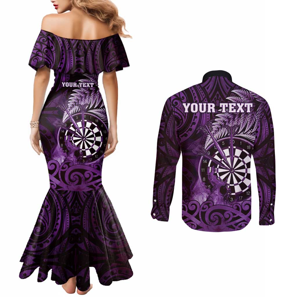 Personalised New Zealand Darts Couples Matching Mermaid Dress and Long Sleeve Button Shirt Maori Koru Dartboard Purple Flame