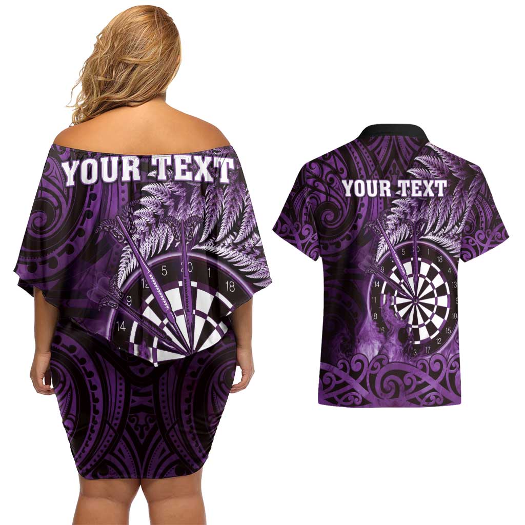Personalised New Zealand Darts Couples Matching Off Shoulder Short Dress and Hawaiian Shirt Maori Koru Dartboard Purple Flame