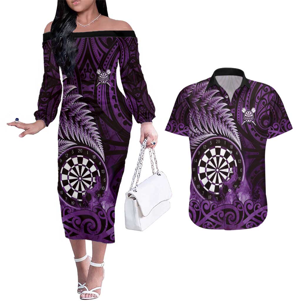 Personalised New Zealand Darts Couples Matching Off The Shoulder Long Sleeve Dress and Hawaiian Shirt Maori Koru Dartboard Purple Flame LT05 Purple - Polynesian Pride