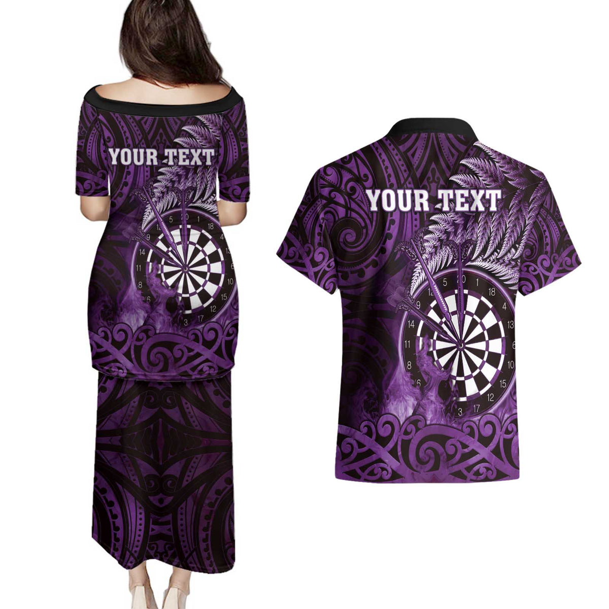 Personalised New Zealand Darts Couples Matching Puletasi and Hawaiian Shirt Maori Koru Dartboard Purple Flame