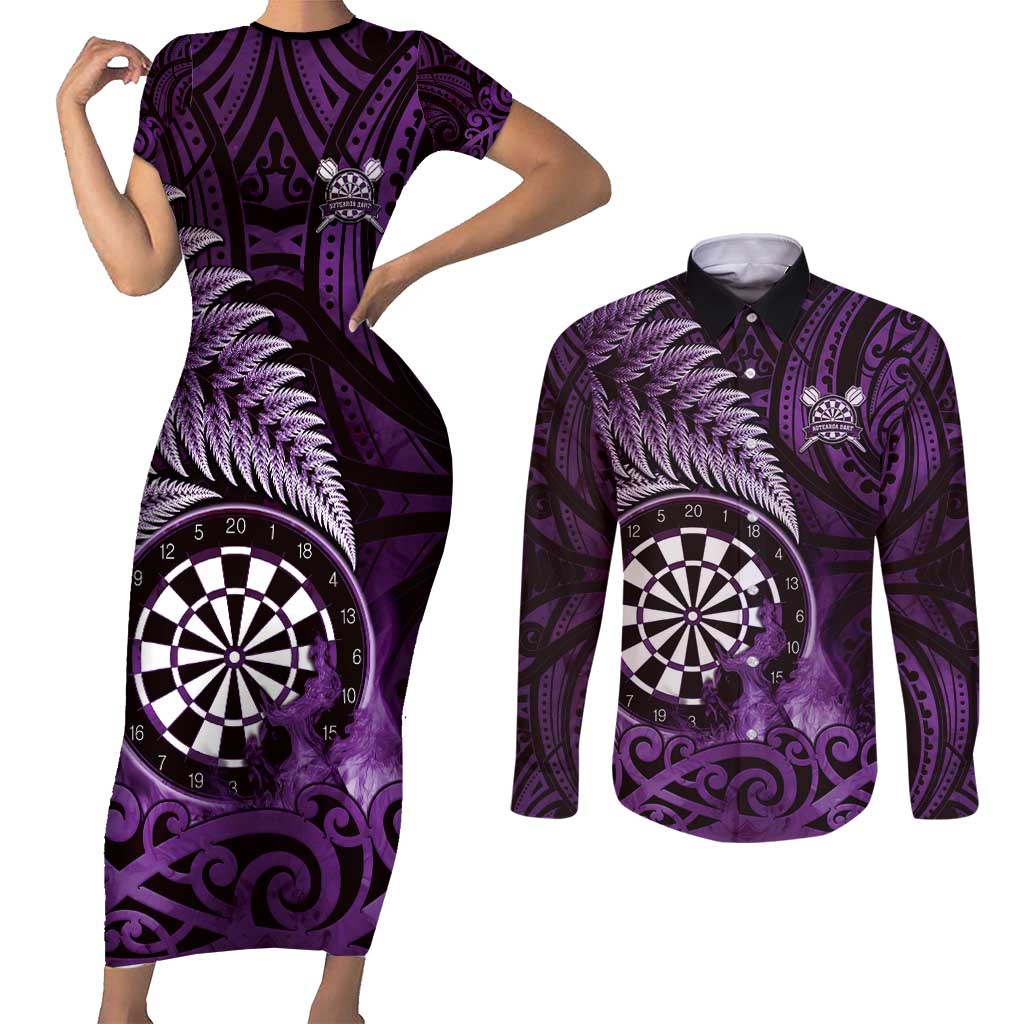 Personalised New Zealand Darts Couples Matching Short Sleeve Bodycon Dress and Long Sleeve Button Shirt Maori Koru Dartboard Purple Flame