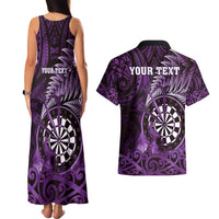Personalised New Zealand Darts Couples Matching Tank Maxi Dress and Hawaiian Shirt Maori Koru Dartboard Purple Flame