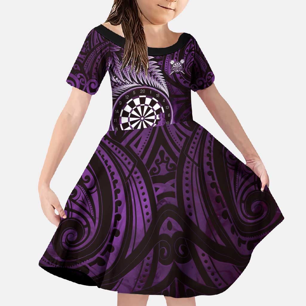 Personalised New Zealand Darts Family Matching Long Sleeve Bodycon Dress and Hawaiian Shirt Maori Koru Dartboard Purple Flame