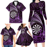 Personalised New Zealand Darts Family Matching Long Sleeve Bodycon Dress and Hawaiian Shirt Maori Koru Dartboard Purple Flame