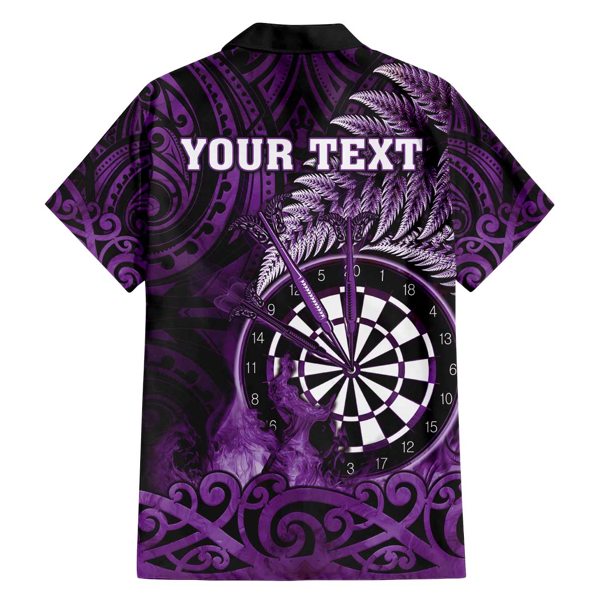 Personalised New Zealand Darts Family Matching Off The Shoulder Long Sleeve Dress and Hawaiian Shirt Maori Koru Dartboard Purple Flame