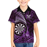 Personalised New Zealand Darts Family Matching Off The Shoulder Long Sleeve Dress and Hawaiian Shirt Maori Koru Dartboard Purple Flame